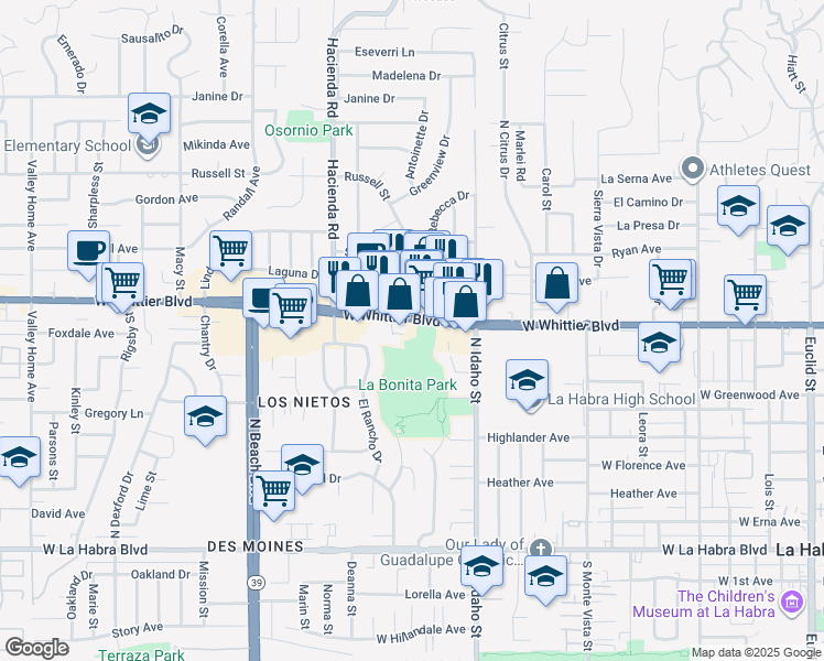 map of restaurants, bars, coffee shops, grocery stores, and more near 1440 West Whittier Boulevard in La Habra