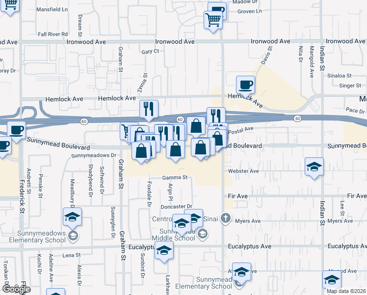 map of restaurants, bars, coffee shops, grocery stores, and more near 23855 Sunnymead Boulevard in Moreno Valley