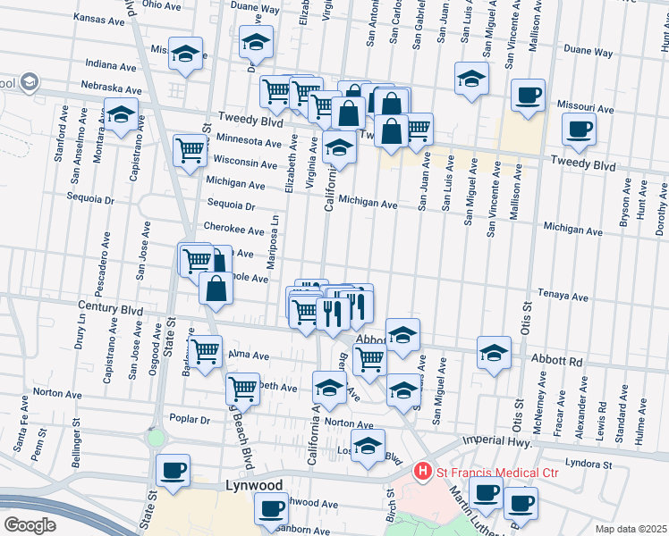 map of restaurants, bars, coffee shops, grocery stores, and more near 3518 Tenaya Avenue in South Gate
