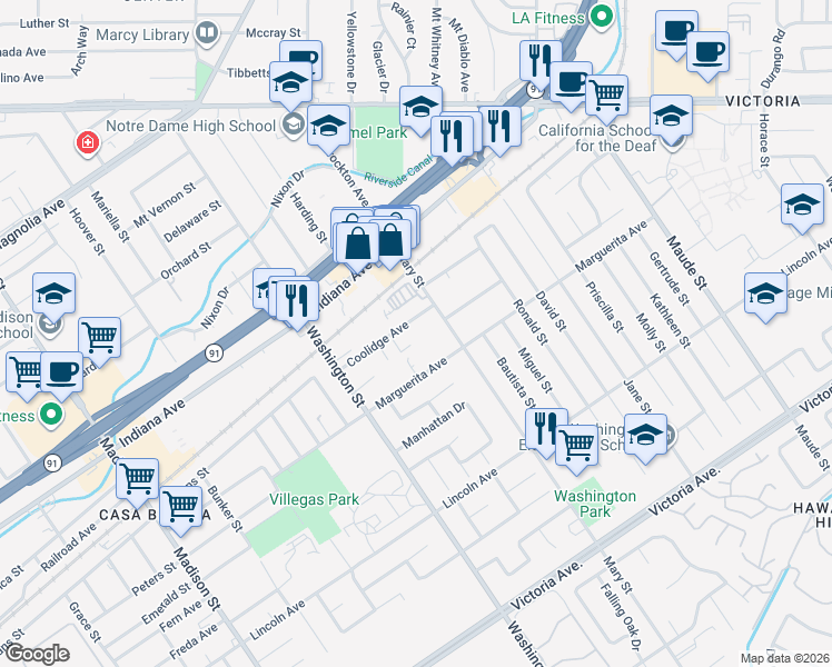 map of restaurants, bars, coffee shops, grocery stores, and more near 6964 Coolidge Avenue in Riverside