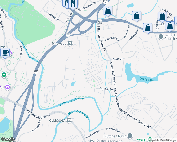 map of restaurants, bars, coffee shops, grocery stores, and more near 490 South Barnett Shoals Road in Athens