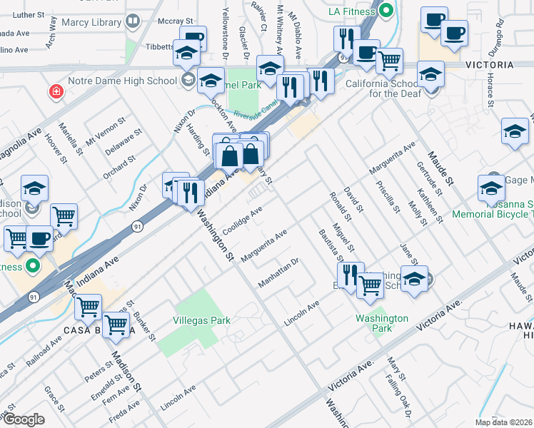 map of restaurants, bars, coffee shops, grocery stores, and more near 6952 Coolidge Avenue in Riverside