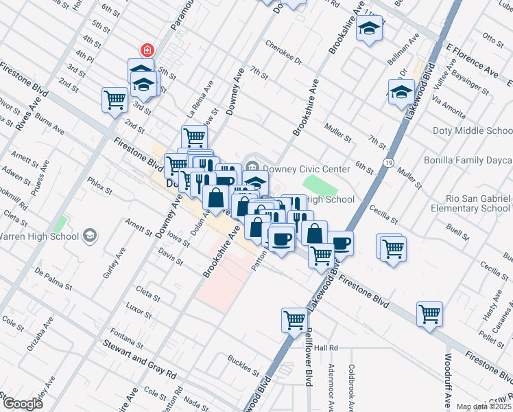 map of restaurants, bars, coffee shops, grocery stores, and more near 11040 Brookshire Avenue in Downey