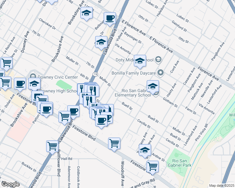 map of restaurants, bars, coffee shops, grocery stores, and more near 10603 Chaney Avenue in Downey