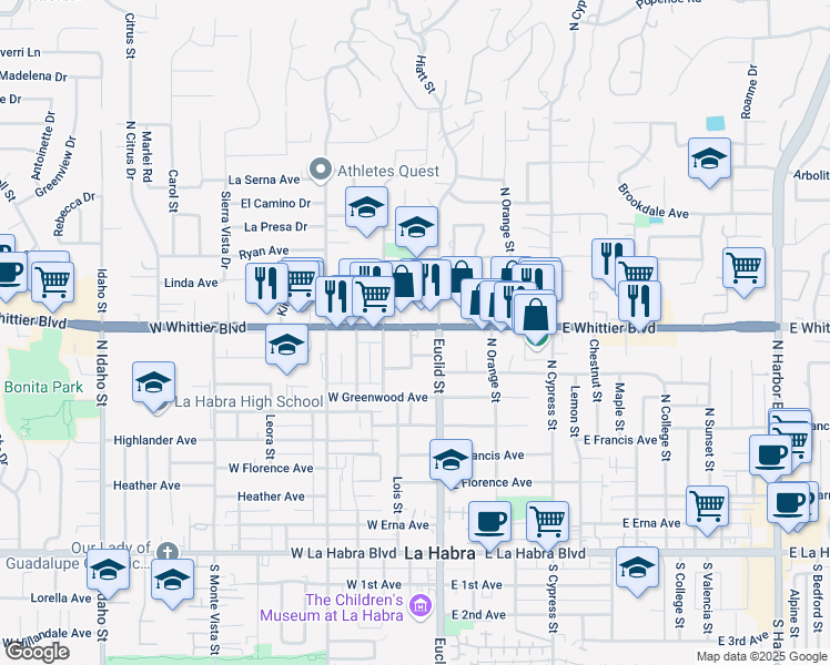 map of restaurants, bars, coffee shops, grocery stores, and more near in La Habra