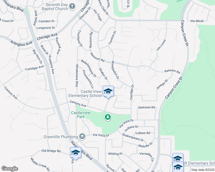map of restaurants, bars, coffee shops, grocery stores, and more near 6187 Shaker Drive in Riverside