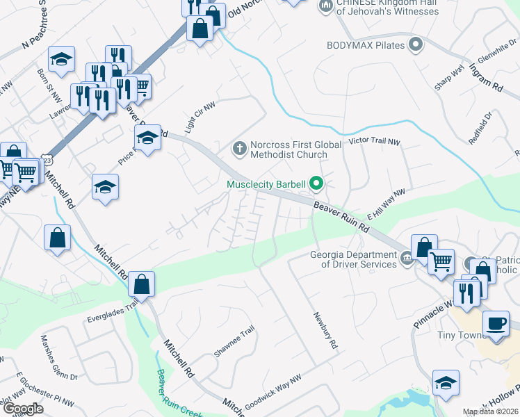 map of restaurants, bars, coffee shops, grocery stores, and more near 5364 Hickory Knoll Northwest in Norcross