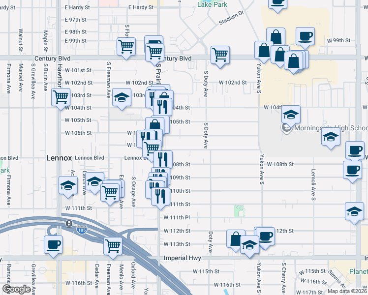 map of restaurants, bars, coffee shops, grocery stores, and more near 3833 West 107th Street in Inglewood