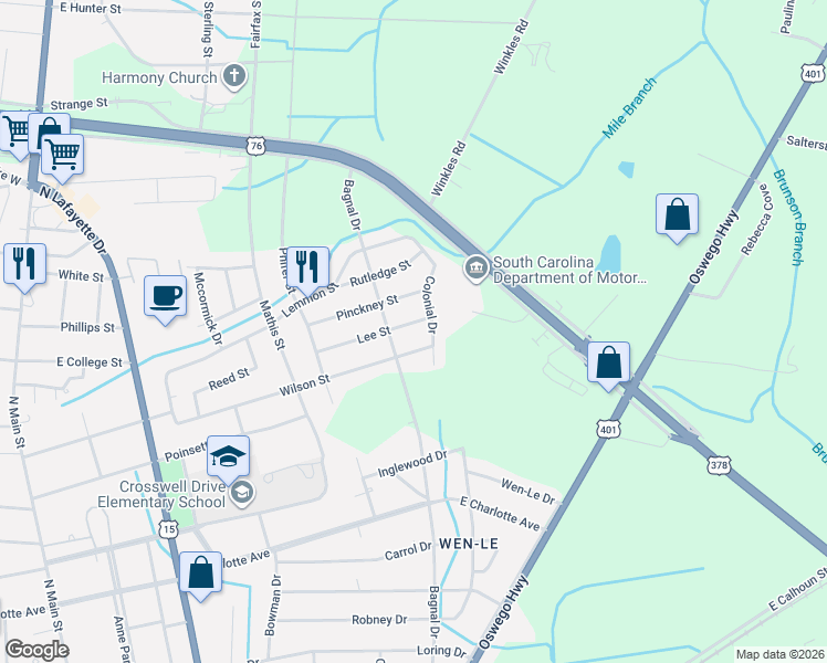 map of restaurants, bars, coffee shops, grocery stores, and more near 310 Lee Street in Sumter