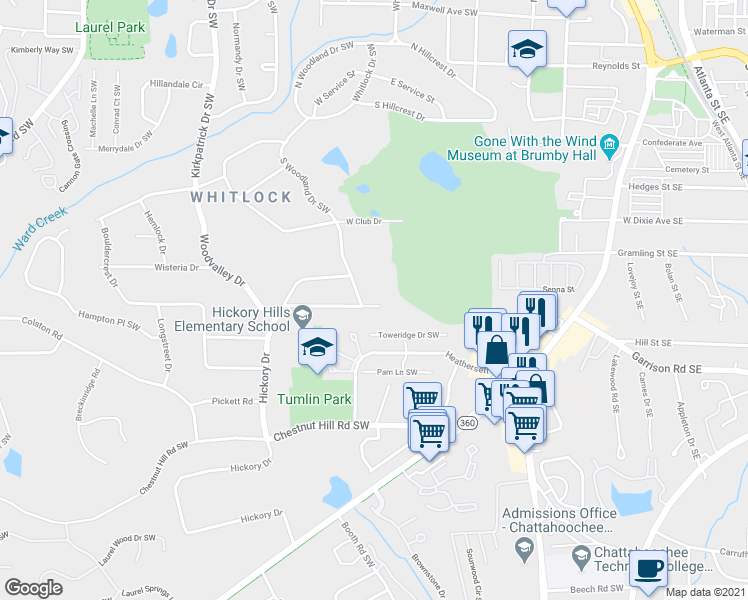 map of restaurants, bars, coffee shops, grocery stores, and more near 519 South Woodland Drive Southwest in Marietta