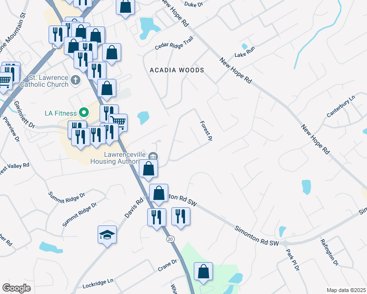 map of restaurants, bars, coffee shops, grocery stores, and more near 166 Tall Timber Ct in Lawrenceville