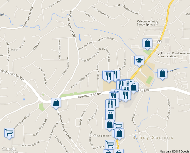 map of restaurants, bars, coffee shops, grocery stores, and more near 6720 Wright Road Northeast in Atlanta