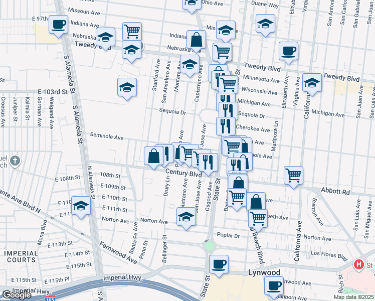 map of restaurants, bars, coffee shops, grocery stores, and more near 10515 Capistrano Avenue in South Gate