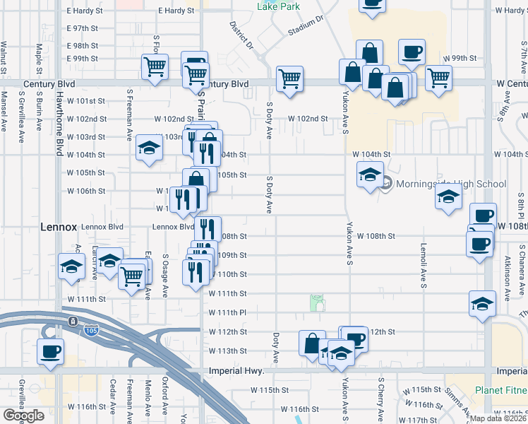 map of restaurants, bars, coffee shops, grocery stores, and more near 29 West 107th Street in Los Angeles