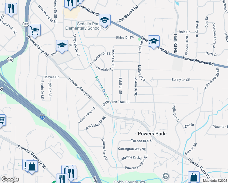 map of restaurants, bars, coffee shops, grocery stores, and more near 534 Sybil Lane Southeast in Marietta