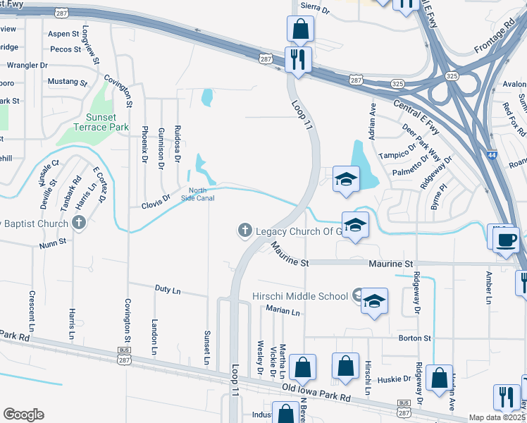 map of restaurants, bars, coffee shops, grocery stores, and more near 3216 Belue Road in Wichita Falls