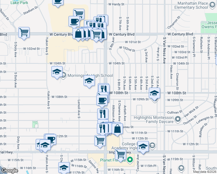 map of restaurants, bars, coffee shops, grocery stores, and more near 10634 Crenshaw Boulevard in Inglewood