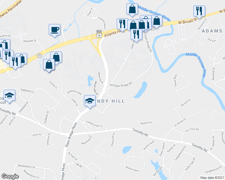 map of restaurants, bars, coffee shops, grocery stores, and more near 461 Old Epps Bridge Road in Athens