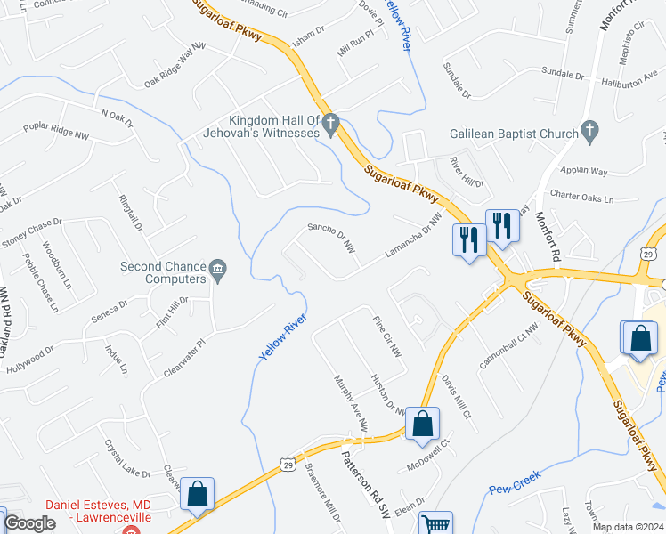 map of restaurants, bars, coffee shops, grocery stores, and more near 1753 Lamancha Drive Northwest in Lawrenceville