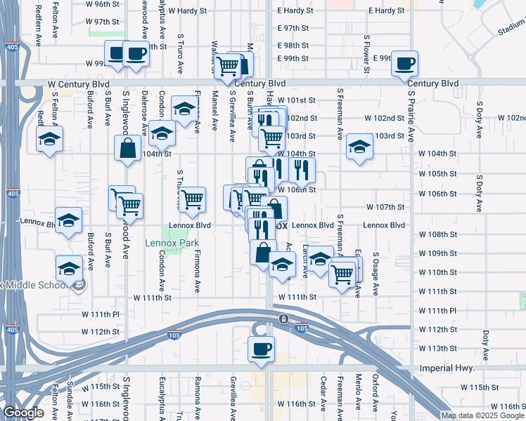 map of restaurants, bars, coffee shops, grocery stores, and more near 10709 Hawthorne Boulevard in Lennox