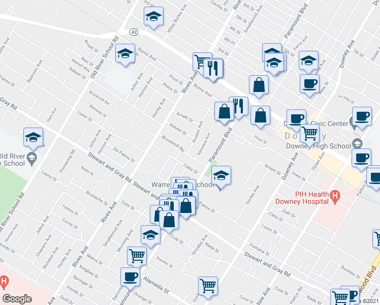 map of restaurants, bars, coffee shops, grocery stores, and more near 7927 Brookmill Road in Downey