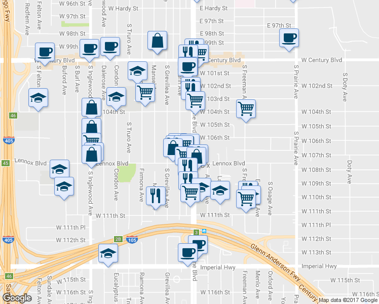 map of restaurants, bars, coffee shops, grocery stores, and more near 10709 Hawthorne Boulevard in Lennox