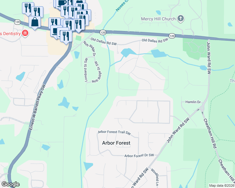 map of restaurants, bars, coffee shops, grocery stores, and more near 2168 Winding Creek Lane Southwest in Marietta
