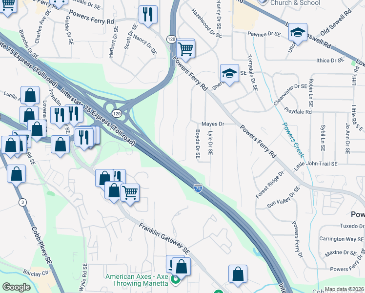map of restaurants, bars, coffee shops, grocery stores, and more near 2110 Meadowbrook Lane Southeast in Marietta