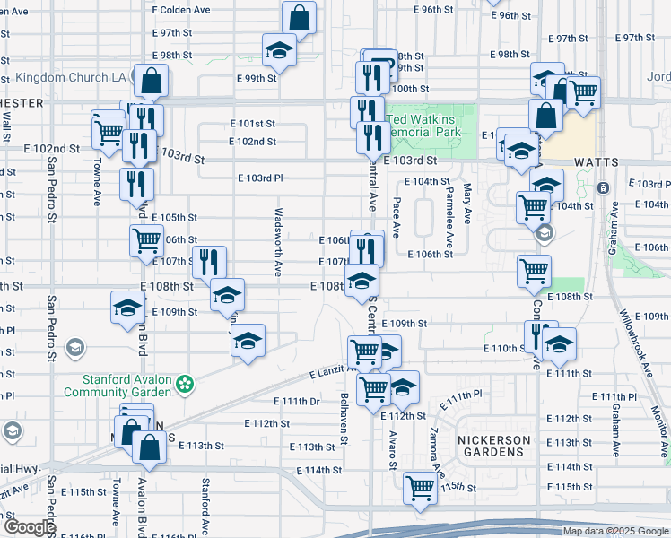 map of restaurants, bars, coffee shops, grocery stores, and more near 1114 East 107th Street in Los Angeles