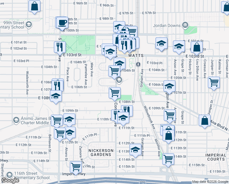 map of restaurants, bars, coffee shops, grocery stores, and more near 10623 Compton Avenue in Los Angeles