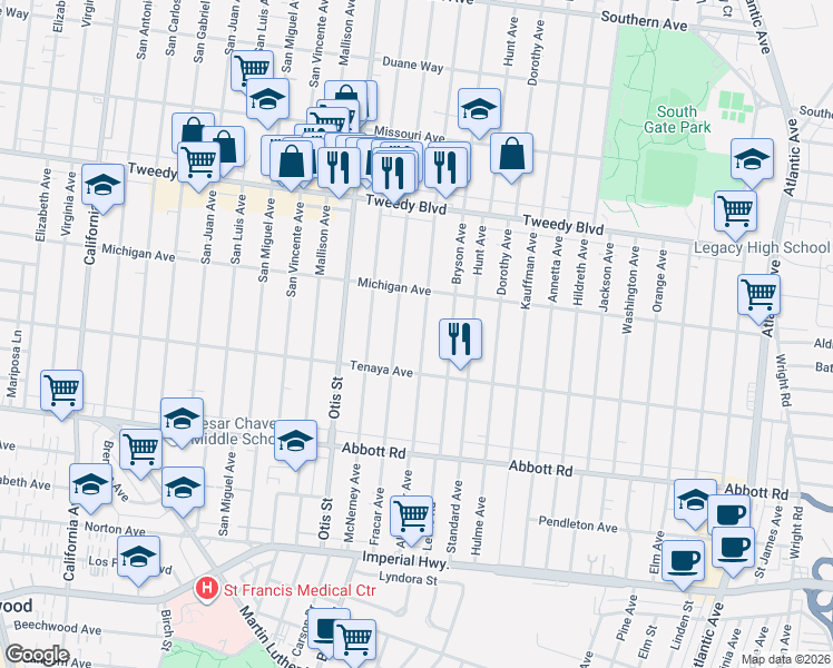map of restaurants, bars, coffee shops, grocery stores, and more near 10307 Alexander Avenue in South Gate