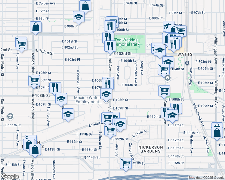 map of restaurants, bars, coffee shops, grocery stores, and more near 1209 East 107th Street in Los Angeles