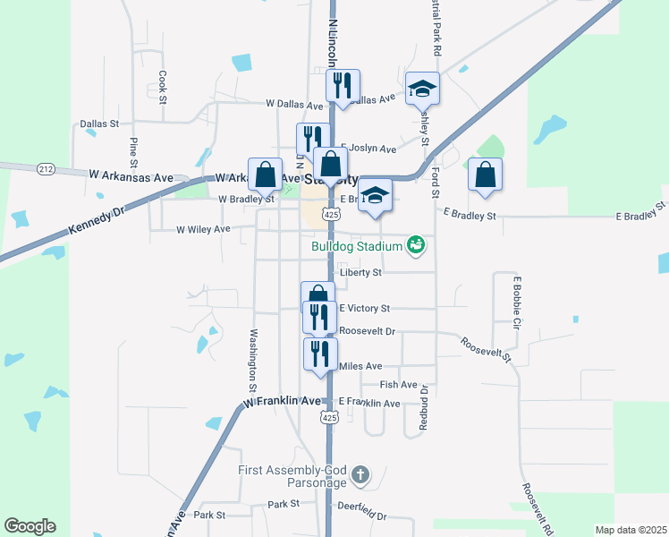 map of restaurants, bars, coffee shops, grocery stores, and more near 425 North Lincoln Avenue in Star City