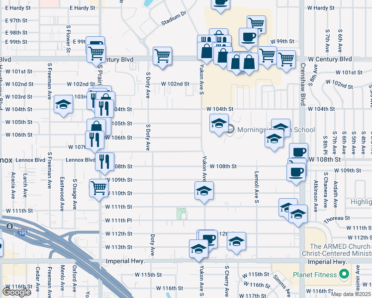 map of restaurants, bars, coffee shops, grocery stores, and more near 3637 West 107th Street in Inglewood