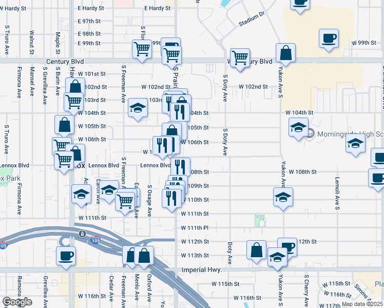 map of restaurants, bars, coffee shops, grocery stores, and more near 3921 West 107th Street in Inglewood