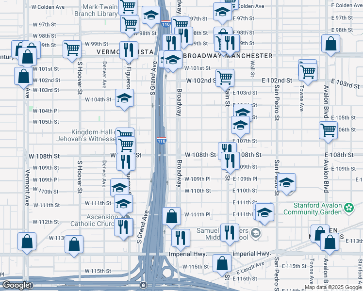 map of restaurants, bars, coffee shops, grocery stores, and more near 10704 South Broadway in Los Angeles