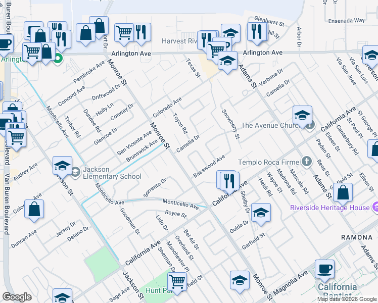 map of restaurants, bars, coffee shops, grocery stores, and more near 38 Toyon Road in Riverside