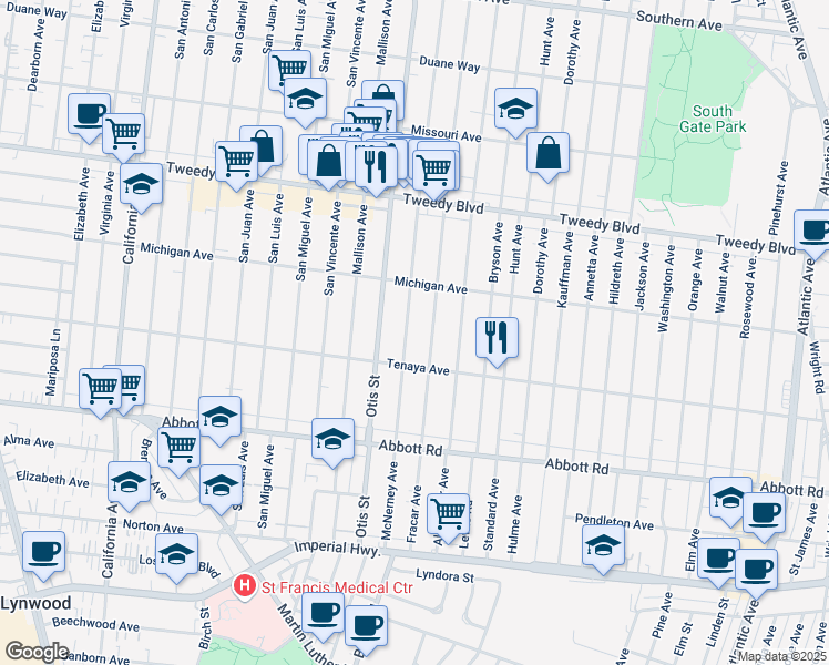 map of restaurants, bars, coffee shops, grocery stores, and more near 10312 McNerney Avenue in South Gate