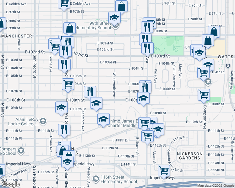 map of restaurants, bars, coffee shops, grocery stores, and more near 910 East 107th Street in Los Angeles