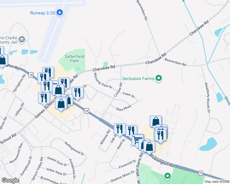 map of restaurants, bars, coffee shops, grocery stores, and more near 250 Morningview Drive in Athens