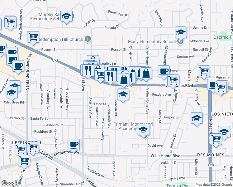 map of restaurants, bars, coffee shops, grocery stores, and more near 10628 Middleton Avenue in Whittier