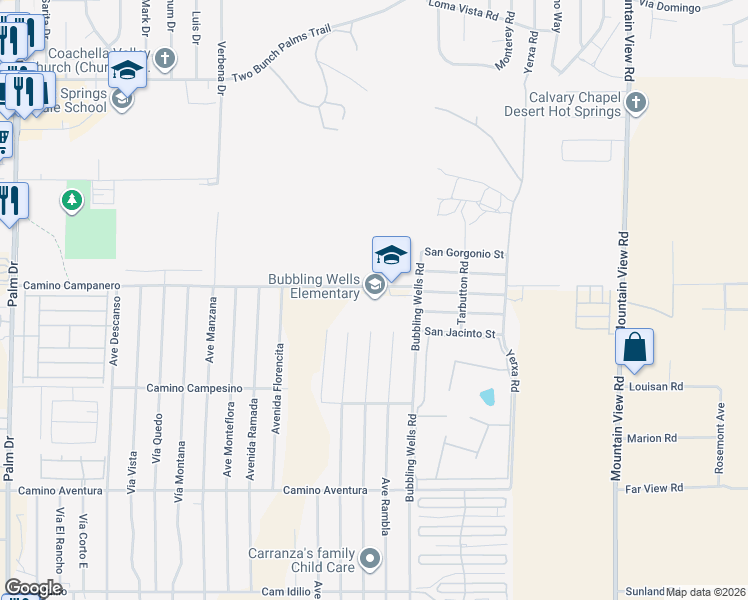 map of restaurants, bars, coffee shops, grocery stores, and more near 67501 Camino Campanero in Desert Hot Springs