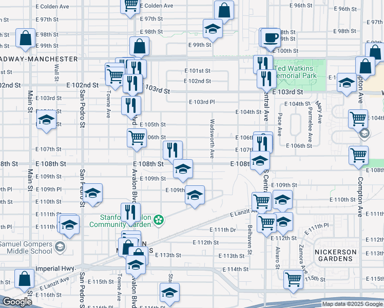 map of restaurants, bars, coffee shops, grocery stores, and more near 810 East 107th Street in Los Angeles