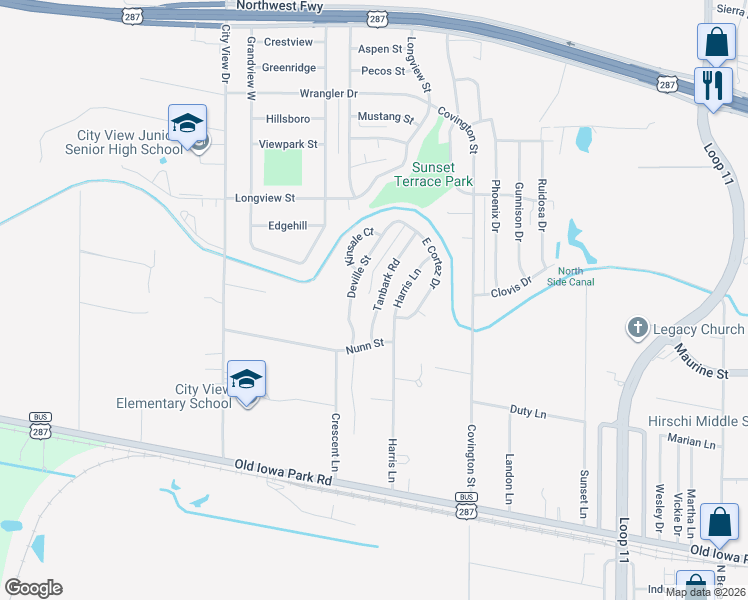 map of restaurants, bars, coffee shops, grocery stores, and more near 1416 Tanbark Road in Wichita Falls