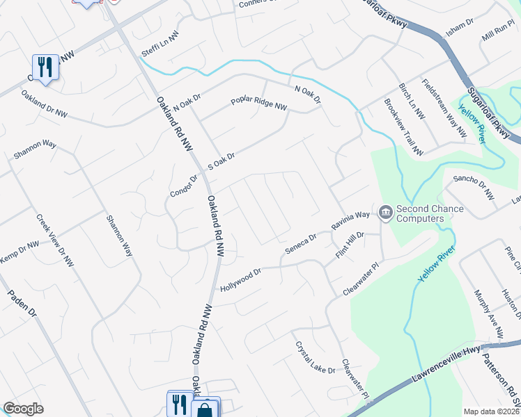 map of restaurants, bars, coffee shops, grocery stores, and more near 535 Woodburn Lane in Lawrenceville