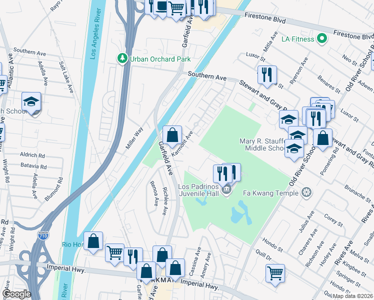 map of restaurants, bars, coffee shops, grocery stores, and more near 10048 Karmont Avenue in South Gate