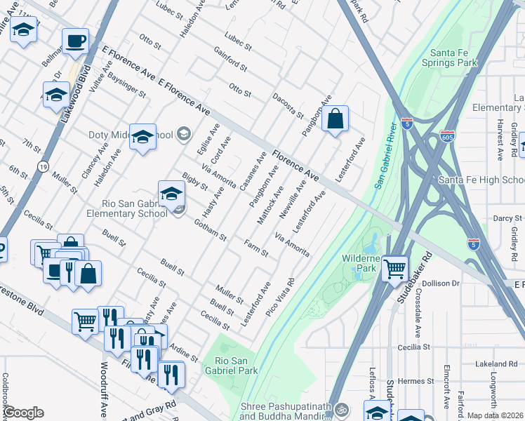 map of restaurants, bars, coffee shops, grocery stores, and more near 10337 Mattock Avenue in Downey