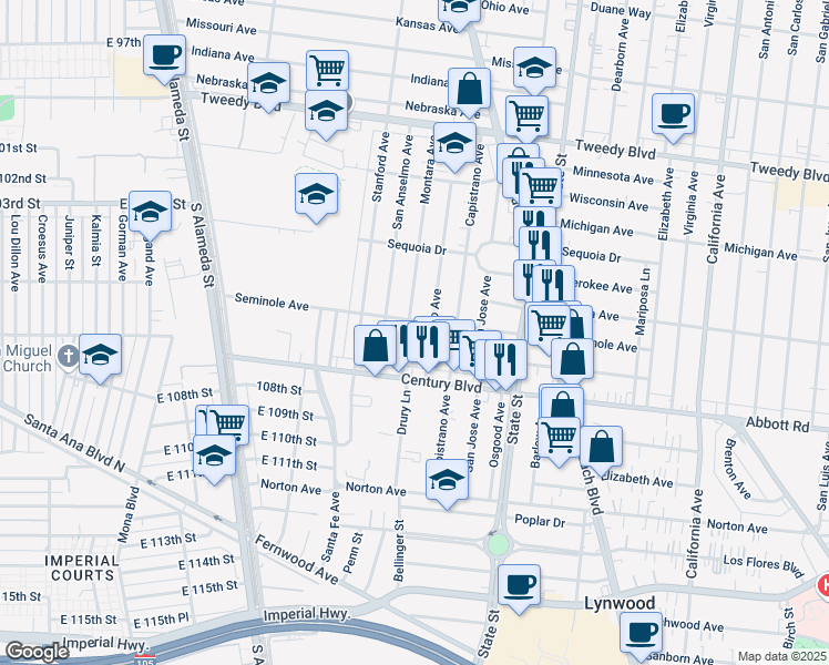 map of restaurants, bars, coffee shops, grocery stores, and more near 10520 Montara Avenue in South Gate
