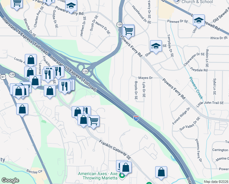 map of restaurants, bars, coffee shops, grocery stores, and more near 601 Meadowbrook Drive Southeast in Marietta