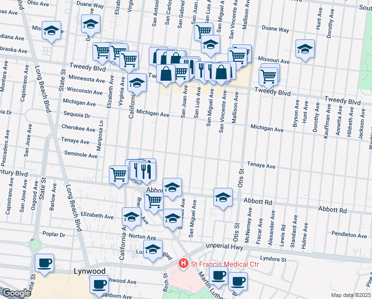 map of restaurants, bars, coffee shops, grocery stores, and more near 10336 San Juan Avenue in South Gate